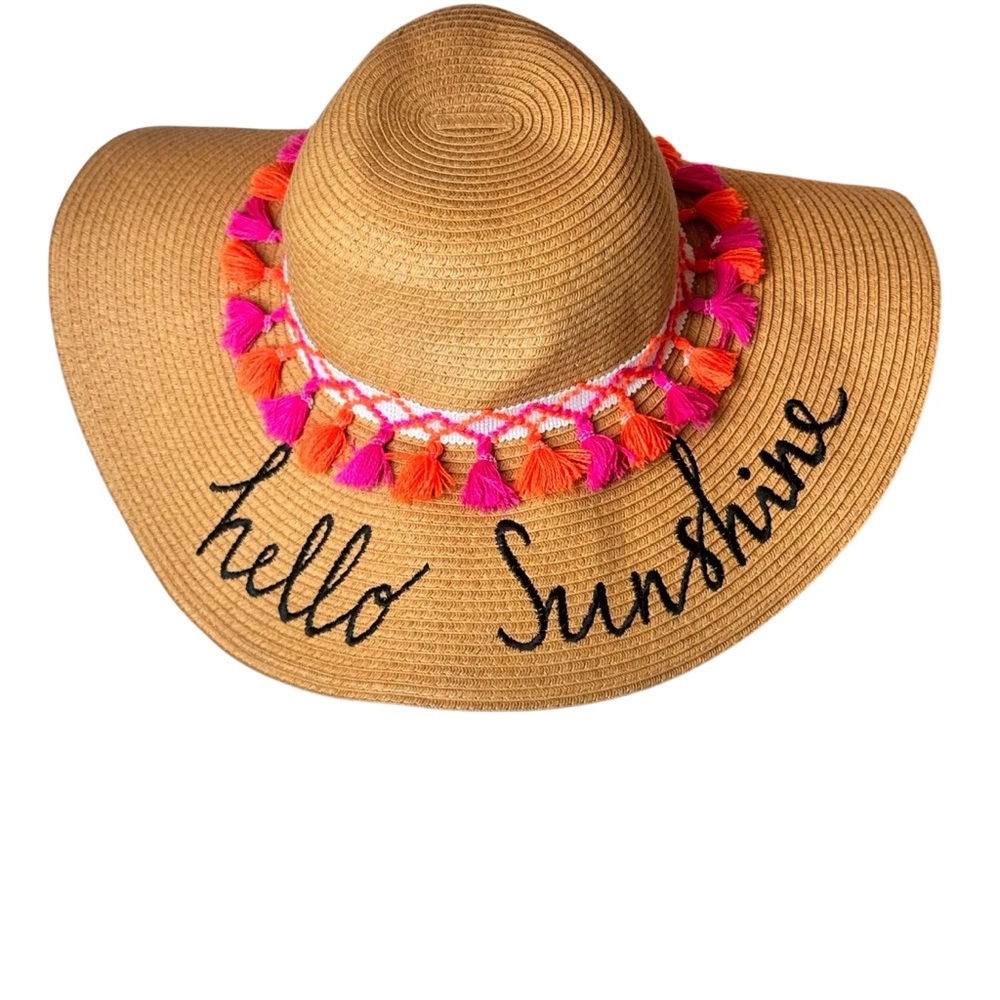 Marcus Adler Hello Sunshine floppy Sun Hat Pink and Orange Tassels paper straw